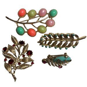 Vintage Leaf Brooch Lot Gold Tone Colorful Rhinestones Gerry Sarah Coventry
